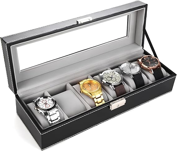 Watch Box for Men,Organizer 6 Slot Watch Display Case,Men Jewelry Box Storage Case,Lined with Soft Velvet and Holder Organizer for Women -6 Slot, Black