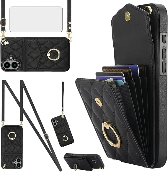 Asuwish Compatible with iPhone 16 6.1 inch Wallet Case Tempered Glass Screen Protector and Wrist Strap Ring RFID Blocking Credit Card Holder Cell Phone Cover for i Phone16 i16 16Case Women Girls Black