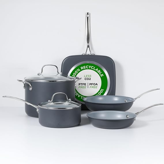 Commercial CHEF 7-Piece ECOPAN Hard Anodized Aluminum Cookware Set, CHECO7 | Ceramic Non-Stick Non-Toxic Pots and Pans Set with Lids, Induction Cookware, Oven & Dishwasher Safe, PFOA & PTFE Free
