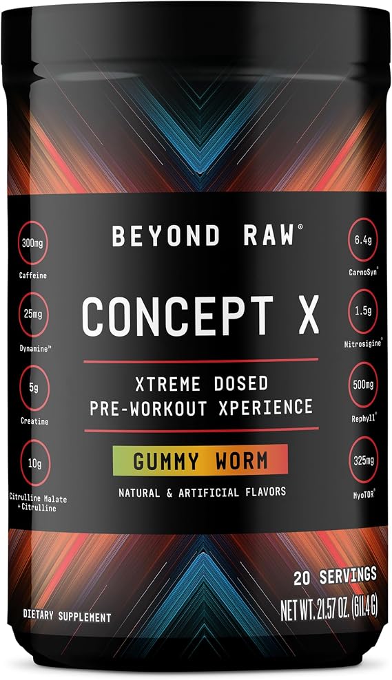 BEYOND RAW Concept X, Clinically Dosed Pre-Workout Powder, Contains Caffeine, L-Citrulline, Creatine, and Beta-Alanine, Gummy Worm Flavor, 20 Servings | Clinically Dosed Formula with Caffeine, Creatine, L-Citrulline, and Beta Alanine to Support Energy, Strength, and Endurance
