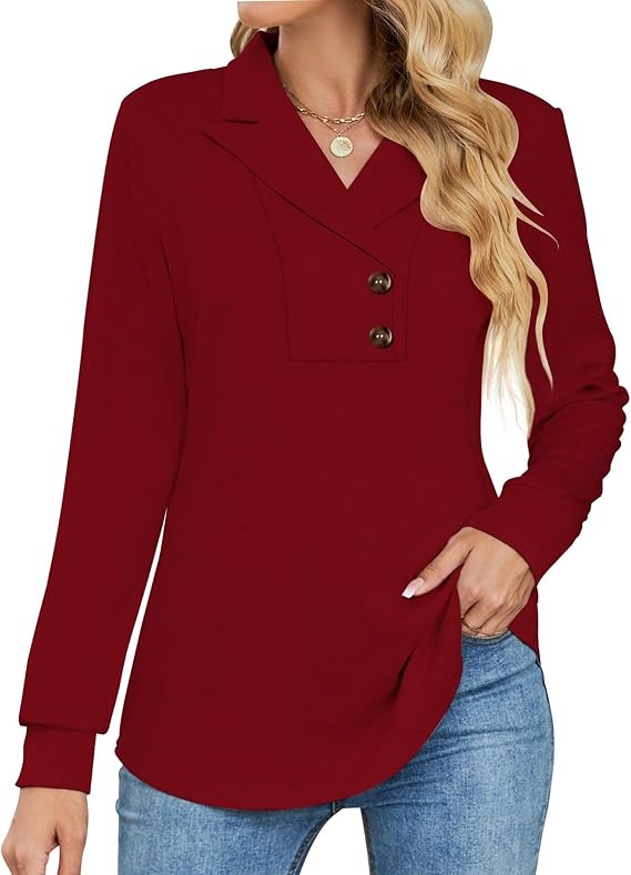 Micoson Women's Long Sleeve Button Lapel Tunic Tops V Neck Business Casual Swing Sweatshirt Pullover