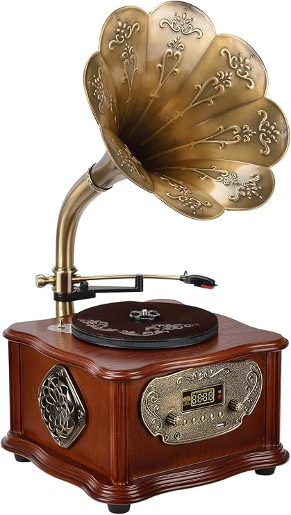 Vintage Classic Retro Phonograph Gramophone Vinyl Record Player Turntable Bluetooth 4.2, 3.5mm Aux-in/USB/FM Radio with Copper Horn