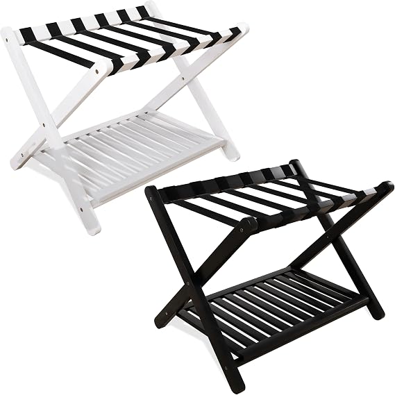 SMIBUY Luggage Rack, Foldable Bamboo Suitcase Stand with Storage Shelf for Guest Room, Bedroom, Hotel, Heavy-Duty (White and Black)