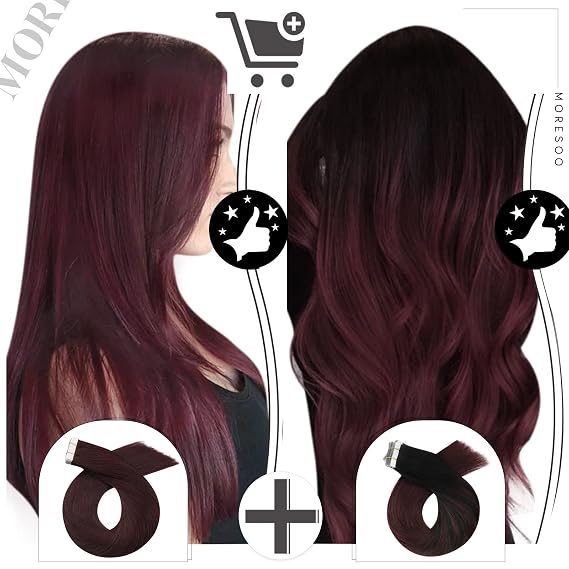 Tape Bundle Total 40 Pieces - Moresoo Tape in Extensions Balayage Black to Burgundy Hair Extensions 24 Inch Adhesive Tape Hair for Women #99J & #BA1B/99J Glam Seamless Hair Extensions