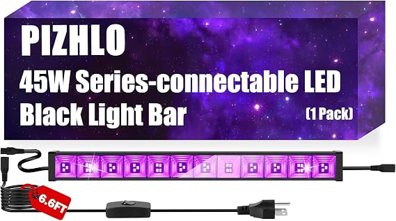 1 Pack 45W Series-connectable LED Black Light Bar, Scalable Blacklight with 6.6ft Cord+Switch, Each Light Up 26x26ft Glow in The Dark for Halloween Party Birthday Body Paint Fluorescent Poster