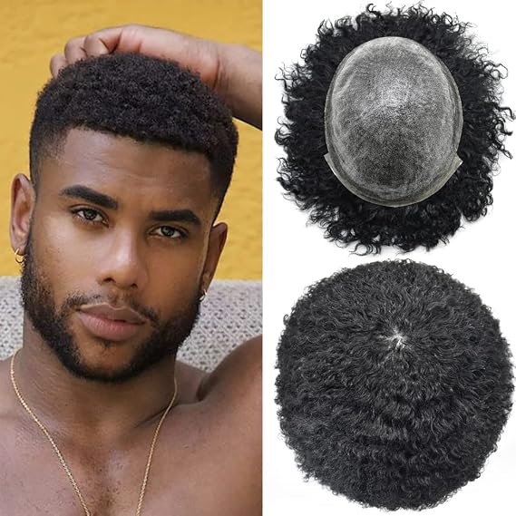 Afro Toupee for Black Men Brazilian Human Hairpiece Kinky Curly Wavy African American Men Hair Replacement Black Hair System for Man All Poly Hair Units Wig for Men (#1B Off Black-8mm afro wave)