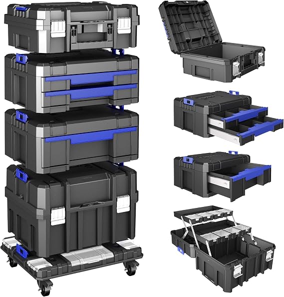 4 Tier Stackable Rolling Tool Box with Wheels | Modular Tool Organizer Box Storage System | Portable Tool Box with Drawers | Tough and Durable | for Garage Storage | Home Repairs | Professional Work