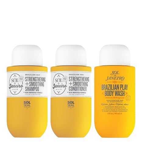 Sol de Janeiro Mini Ultimate Shower Bundle - Travel Sizes | Brazilian Play Moisturizing Shower Cream Gel Body Wash + Brazilian Joia Damage Repairing Shampoo and Conditioner Set