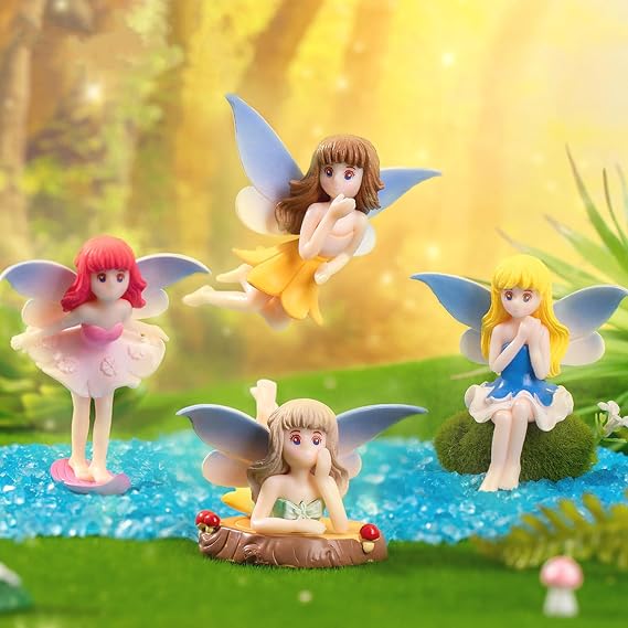 Small Fairy Figurines, Miniature Fairy Garden Accessories for Fairy Garden, Birthday Cake Topper, Flower Pot, Home Decoration,Girl Fly Wing Figurines for Car Decor, 4 Pieces