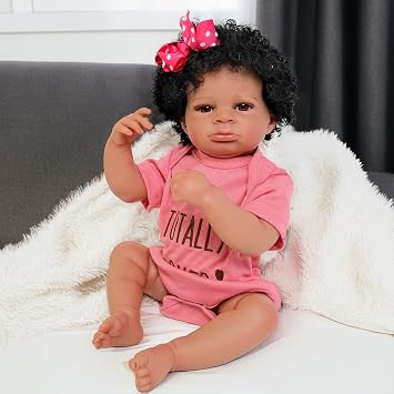 Pinky Reborn African American Reborn Dolls 20 Inch Girl Black Newborn Baby Doll Full Vinyl Body, Lighter Brown Skin Silicone Reborn Toddler with Curly Hair Gift for Age3+