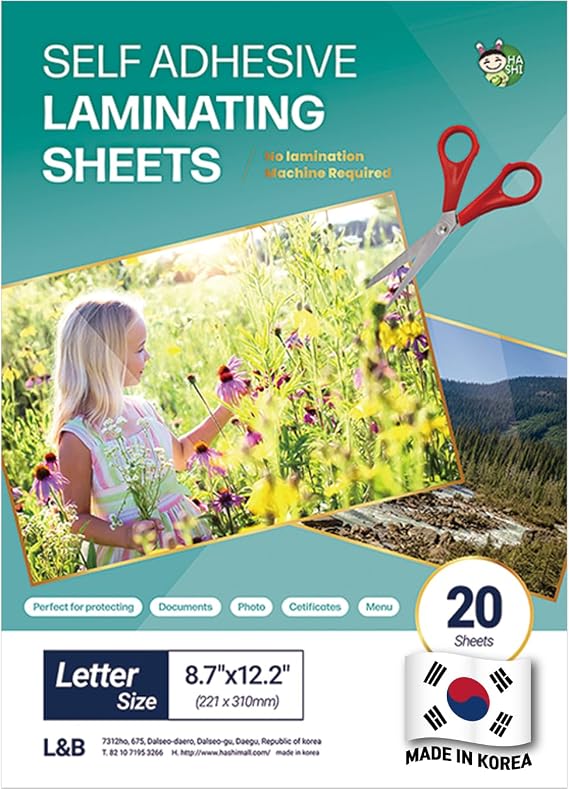 HA SHI No-Machine Self-Adhesive Laminating Sheets, Clear, Letter, 20 Pk