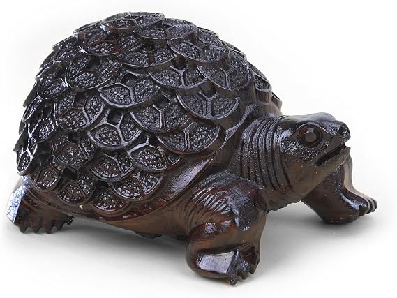 gemshan Carved Wood Turtle Figurine - Feng Shui Wealth Lucky Ornament for Home Office (Collectible Gift)