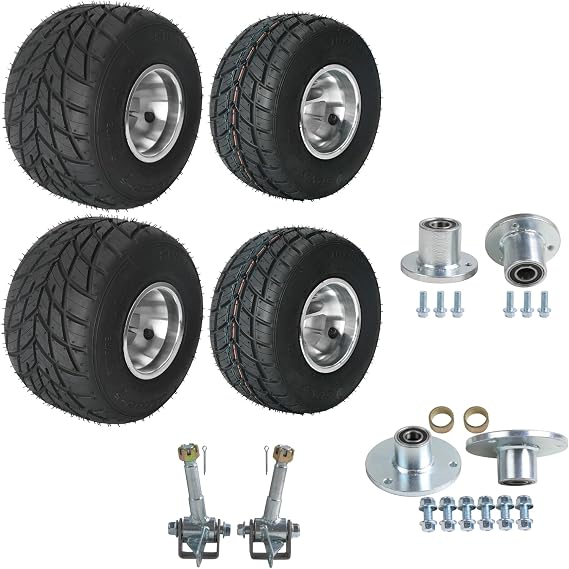 Complete Go Kart Wheel Set with Rain Tires - 2 Pk Front 10x4.50-5 & 2 Pk Rear 11x7.10-5 Wheels with Steering Spindles Hubs for ATV Quad Drift Trike Buggy