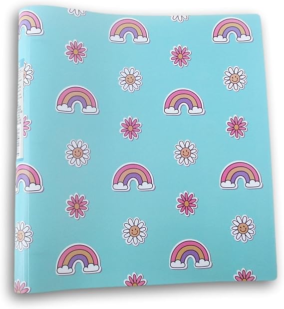 Kids' Colorful Patterned Flexible Poly 3 Ring Binder (Daisies and Rainbows on Blue)