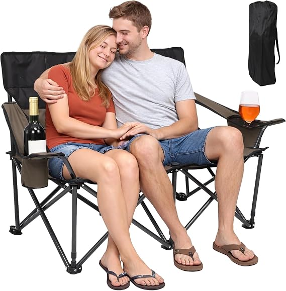 Double Folding Loveseat Camp Chair for Adults - 46.5 in Low-Profile Outdoor Camping Couch with Cup Holders, Two People Heavy Duty Folding Couch, Portable Loveseat for Camping, Patio, Lawn, and Picnic