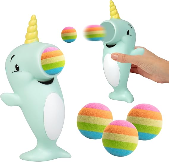 Hog Wild Narwhal Ball Popper Toy - Includes 4 Soft Foam Balls - Squeeze to Pop Air Powered Balls Up to 20 Feet - Launcher Safe for Indoor/Outdoor Play - Party Favor Gift for Kids, Girls, Boys Ages 5+