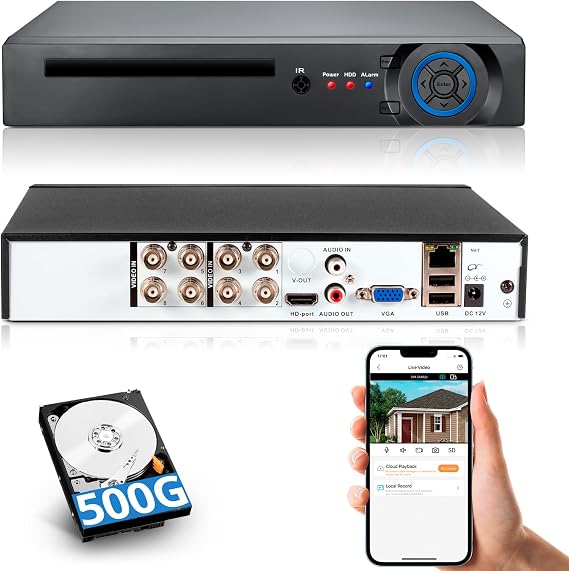 8 Channel Security DVR Recorder with 500G HDD, 8CH Hybrid 6-in-1 CCTV DVR for Surveillance Camera,Supports 8CH Analog Cameras, DVR for Security Camera Home Surveillance System,Mobile APP & PC Remote