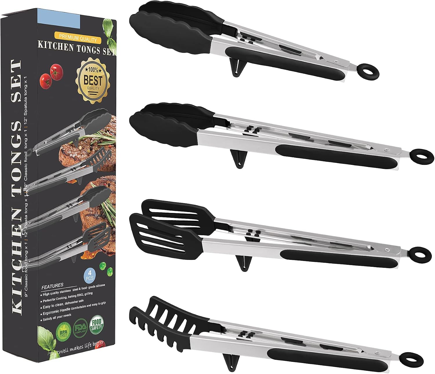 4in1 Stainless Steel Kitchen Food Tongs Set for Cooking with BPA Free Silicone Tips, Toaster Steak Pie Pizza Pasta Spaghetti Noodles Salad Fruit Vegetable Grill BBQ Buffet Clamp Serving Tools Gadgets
