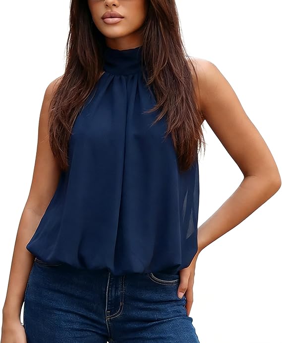 Women Chiffon Halter Tops Open Back Mock Neck Y2k Sleeveless Tank | Summer Flowy Bubble Hem Cami Going Out Crop Top