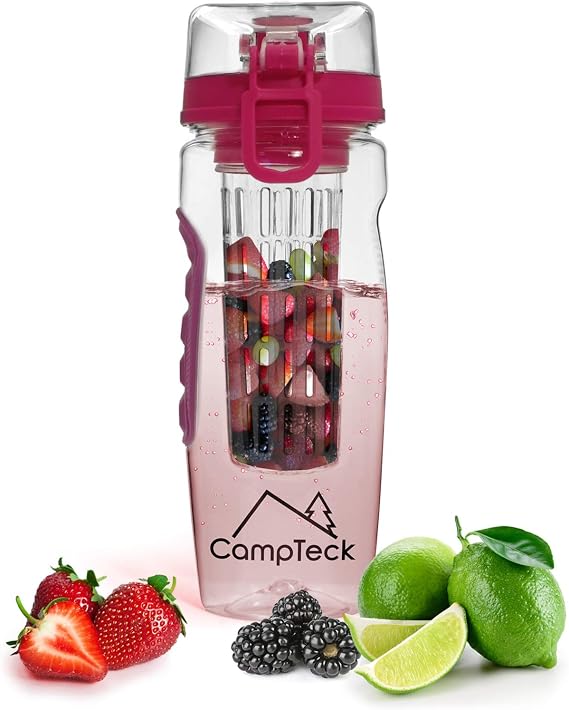 CampTeck 1 Litre 1000ml Fruit Infuser Water Bottle (BPA Free Tritan Plastic) with Leak Proof Lid + Lock & Carry Handle
