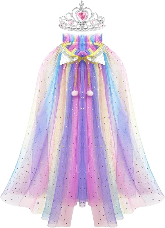Princess Cape for Girls Princess Cloak with Crown Toys, Kids Birthday Party Halloween Cosplay Princess Dress Up Clothes