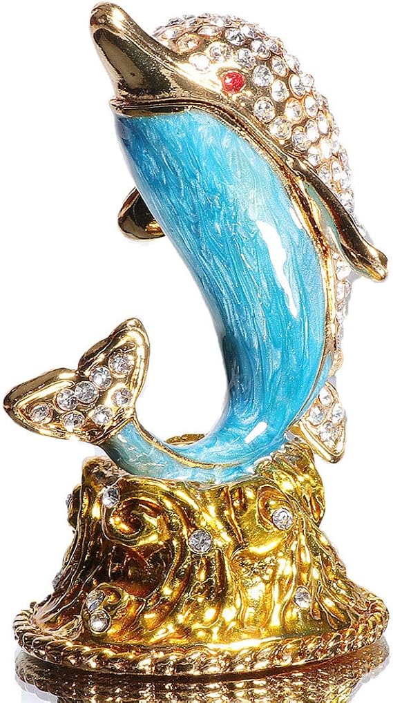Waltz&F White diamond dolphin Hand Painted Enameled Decorative Hinged Jewelry Animal Trinket Box Unique Gift For Home Decor