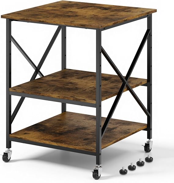 Warmiehomy 24"x24"x30" Large Printer Stand with Storage, 3 Tier Rolling Printer Cart Table, Mini Fridge Stand with Wheels, Use for 3D Laser Printer Home Office, Rustic Brown