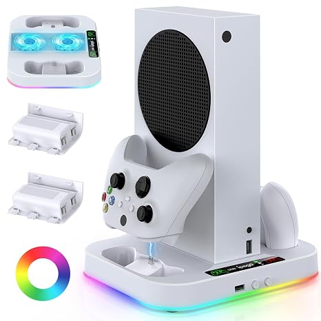 Cooling Stand for Xbox Series S Console with 15 Light Modes, MENEEA Dual Fast Charger Station with 2x1400mAH Batteries,Cooler System Accessories with 3-Speed Adjustable Fan, 2.0 USB Port
