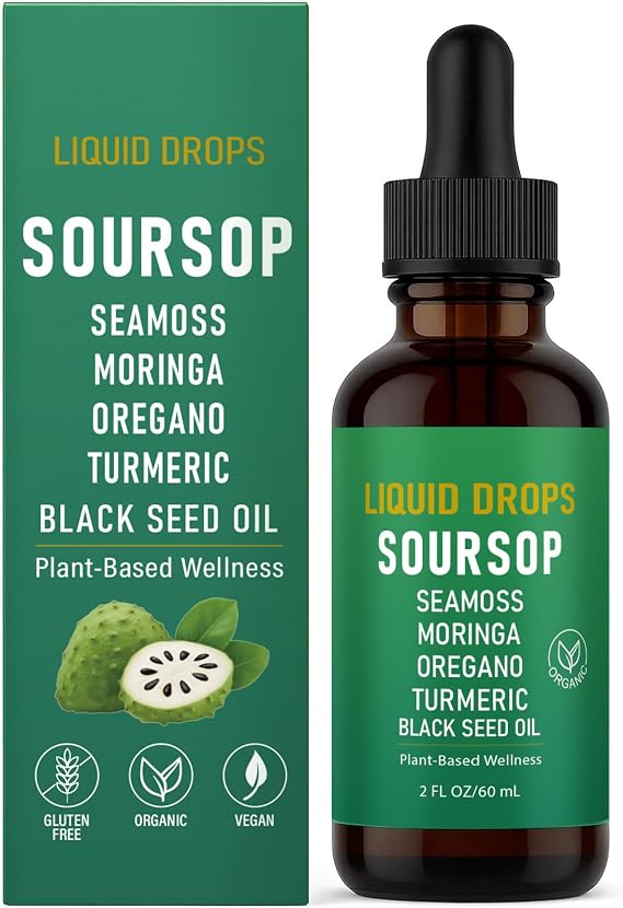 wuliao 10 in 1 Soursop Natural Drops, Soursop Bitters Liquid Drops with Sea Moss, Moringa, Turmeric, Black Seed Oil, Oregano | Vegan, Non-GMO | 2 Fl Oz (1)