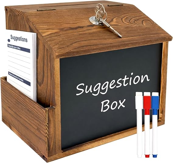 Suggestion Box, Wooden Suggestion Box Lockable with 3 Pens, 50 Suggestion Cards and 2 Keys, Donation Boxes for Charity, Schools Supermarkets Hospitals Communities and Homes