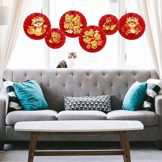 LOONELO Chinese New Year Paper Wall Fans Decorations, 2025 Spring Festival Asian Decorative Origami Wall Art, Red Gold Zodiac Snake Backdrop for Chinese Lunar New Year Party Home Decor Supplies
