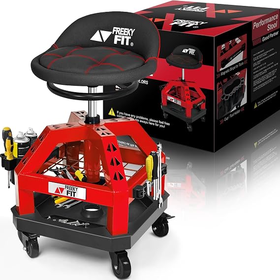 Shop Stool with Backrest for Garage – DO02 Heavy Duty Rolling Pneumatic Creeper for Padded Adjustable Mechanic Stool with Two Additional Tool Storage(Red
