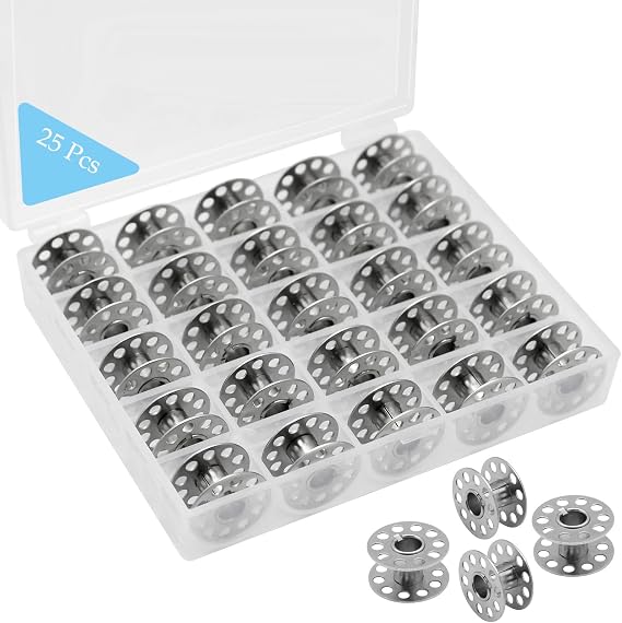 YEQIN 25 Pcs Metal Bobbins for Sewing Machine with Storage Box, A Class 15 Universal Bobbins in Case Compatible with for Brother, Janome, Singer, Bernina, Toyata, Anime, Kenmore, Elna, Babylock