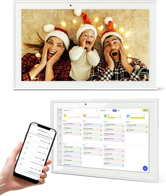 9.6 Inch Digital Calendar Chore Chart, Smart Digital Calendar Wall Planner Picture Frame with HD Touch Screen, Desk & Wall Mount Planner for Family Schedules(White)