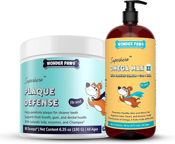 Plaque Defense Powder Plus Omega Max Fish Oil - for Dog's Dental Health, Skin and Joint Care & Immune Support Plaque Defense 6.35 Ounces - Omega Max 16 Ounces