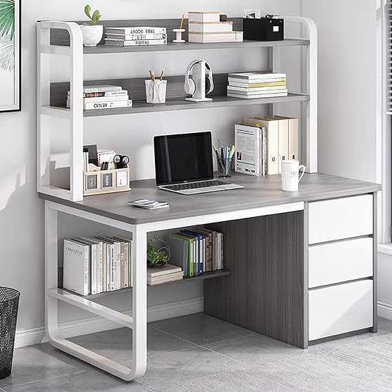 Computer Desk with Hutch & Drawers,Modern Writing Table with Storage Shelves,Home Office Desk with Bookshelf,Wood Study Desk for Home Office Working Game Workstation(100cm/39.3", Grey)