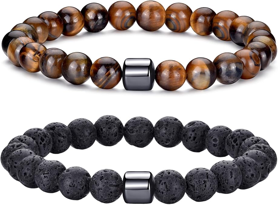 RANKEEF Beaded Bracelets for Men Tigers Eye Bracelet Black Bracelet