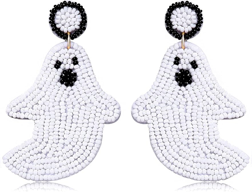 NVENF Halloween Earrings Spooky Beaded Ghost Pumpkin Dangle Earrings for Women Handmade Bead Drop Earring Studs Costume Themed Party Jewelry Gifts (Ghost)