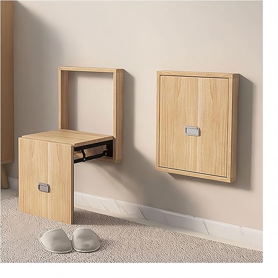 Wall Mounted Folding Entryway Shoe Changing Stool, Solid Wood Stool, Foldable Bathroom Seating, For Restroom Living Room Entryway, Automatic Retraction/Space Saving(Color:Original wood color)