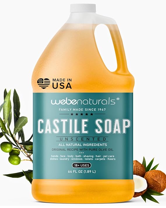 WEBE Naturals Pure Unscented Castile Soap Refill, 64 Oz | Face, Body Wash, Dishes, Pets & Laundry