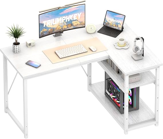 TRIUMPHKEY 120 * 80cm L Shaped Computer Desk with Reversible Large Storage Shelves, Corner Desk Computer Workstation Matching Under Desk Height Adjustable Storage, Home Office Work Table White