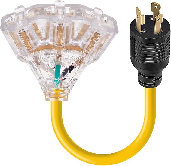 Rophor 30 Amp to 110 Adapter Generator Power Cord, 3 Prong 30 Amp to 15 Amp Generator Adapter, Nema L5-30P Male to 3X 5-20R Female with Lighted End, 1.5 FT