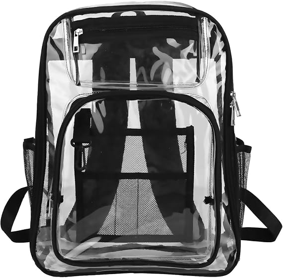 Black Trim, Clear Backpack, Waterproof PVC Rucksack with Adjustable Straps for Stadium Concert School Travel, Durable See Through Daypack with Zipper Pockets