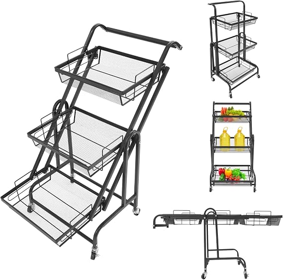 3 Tier Foldable Rolling Cart Metal Rolling Utility Cart Adjustable Movable Storage Organizer with Handle and Lockable Wheels for Kitchen Living Room Office (Black)