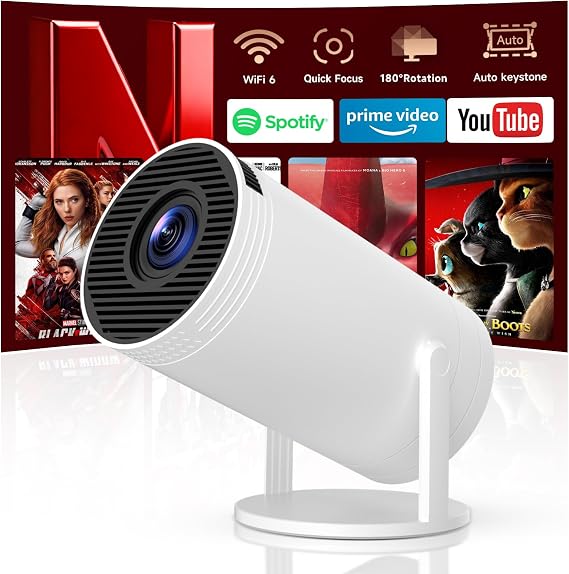 Mini Projector with WiFi 6 and Smart TV OS, Portable Projector 4K support, Home bedroom video projector, Bluetooth & Auto Vertical Keystone 180Rotatable Proyector[Built-in App] (S100)