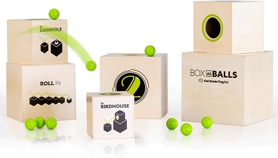 Fat Brain Toys Box and Balls, Wooden Activity Cubes and Bouncy Balls for Kids, Fun New Trickshot Games for Ages 6 to 11 | Bouncy balls trickshot challenge. 6 wooden boxes, 8 bouncy balls. Hand-eye coordination, creativity. Family fun, ages 6+.