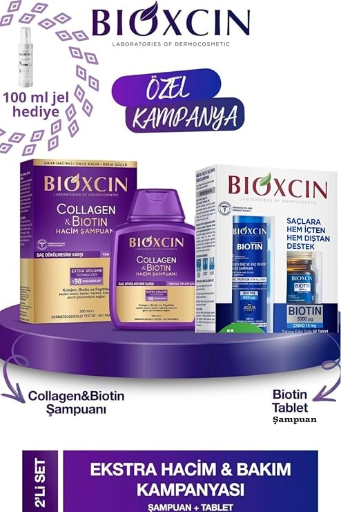 Bioxcin Collagen & Biotin Şampuanı 300ml, Biotin Tablet, Yüz Temizleme Jeli 100ml Kofre Set