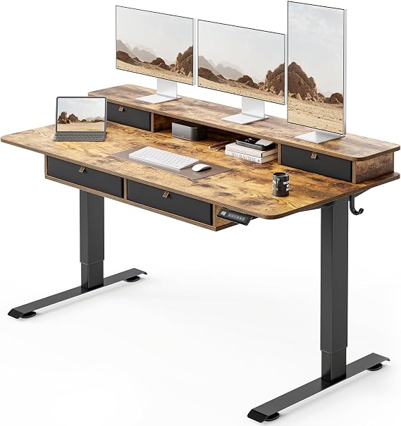 FEZIBO 60 x 30 inch Standing Electric Desk with Drawers, Rustic Brown | Height Adjustable Workstation, Computer Sit Stand Up Office Table with Large Storage Shelf, 4 Drawers and 2 Hooks