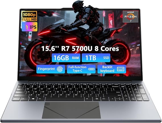Light-Gaming Laptop 8 Core AMD Ryzen 7 5700U 16GB DDR4 RAM 1TB SSD GPU AMD Radeon Vega 8 IPS Computer Backlit Keyboard with Fingerprint Win 11 PRO HDMI Type-C Dual USB 3.0