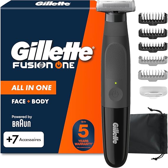 Gillette Fusion Hybrid Beard Trimmer for Men - 3 Stubble Combs and Body Comb, Electric Groomer for Face and Body, with One Blade Protective Cap & Pouch, Waterproof Cordless Trimmer, UK 2 Pin Plug